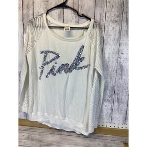 PINK Victoria's Secret Sequin Logo Pullover White Zebra Print Sleeves Size L